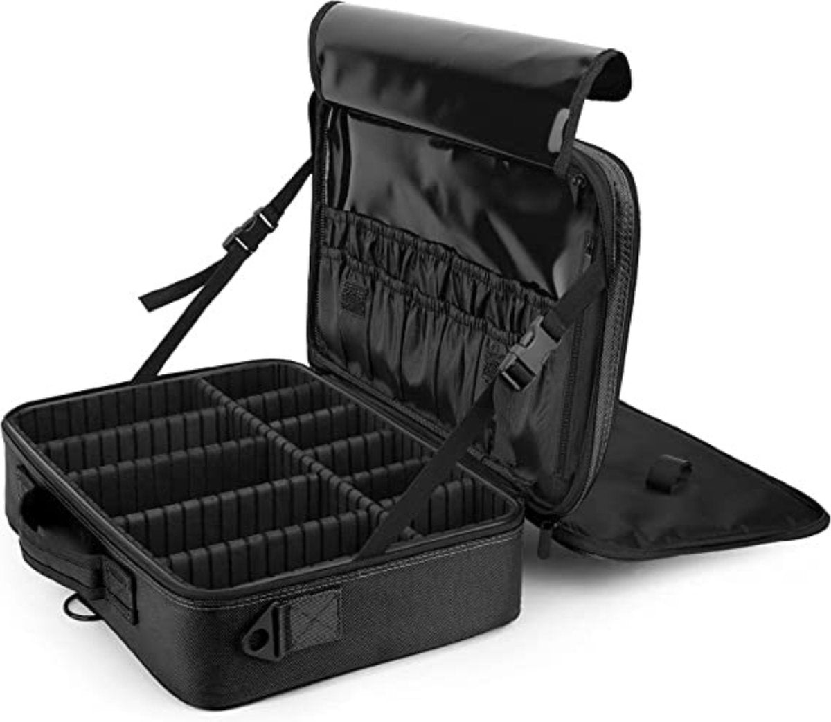 Visagie Trolley - Reizen - Make-up Tas - Cosmetica Koffer - 3 Lagen Groot Professioneel Cosmetisch - Trein Koffer - Draagbaar - Make-up - Kwastenhouder - Organizer - Artiesten Opbergtas Met Schouderriem Spiegel - Zwart