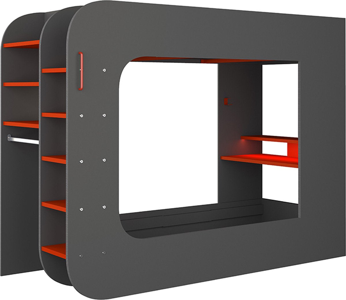 Hoogslaper 90 x 200 cm - Met gamingbureau en opbergruimte - LED's - Antraciet & rood - WARRIOR B 238.1 cm x H 183.6 cm x D 97.6 cm