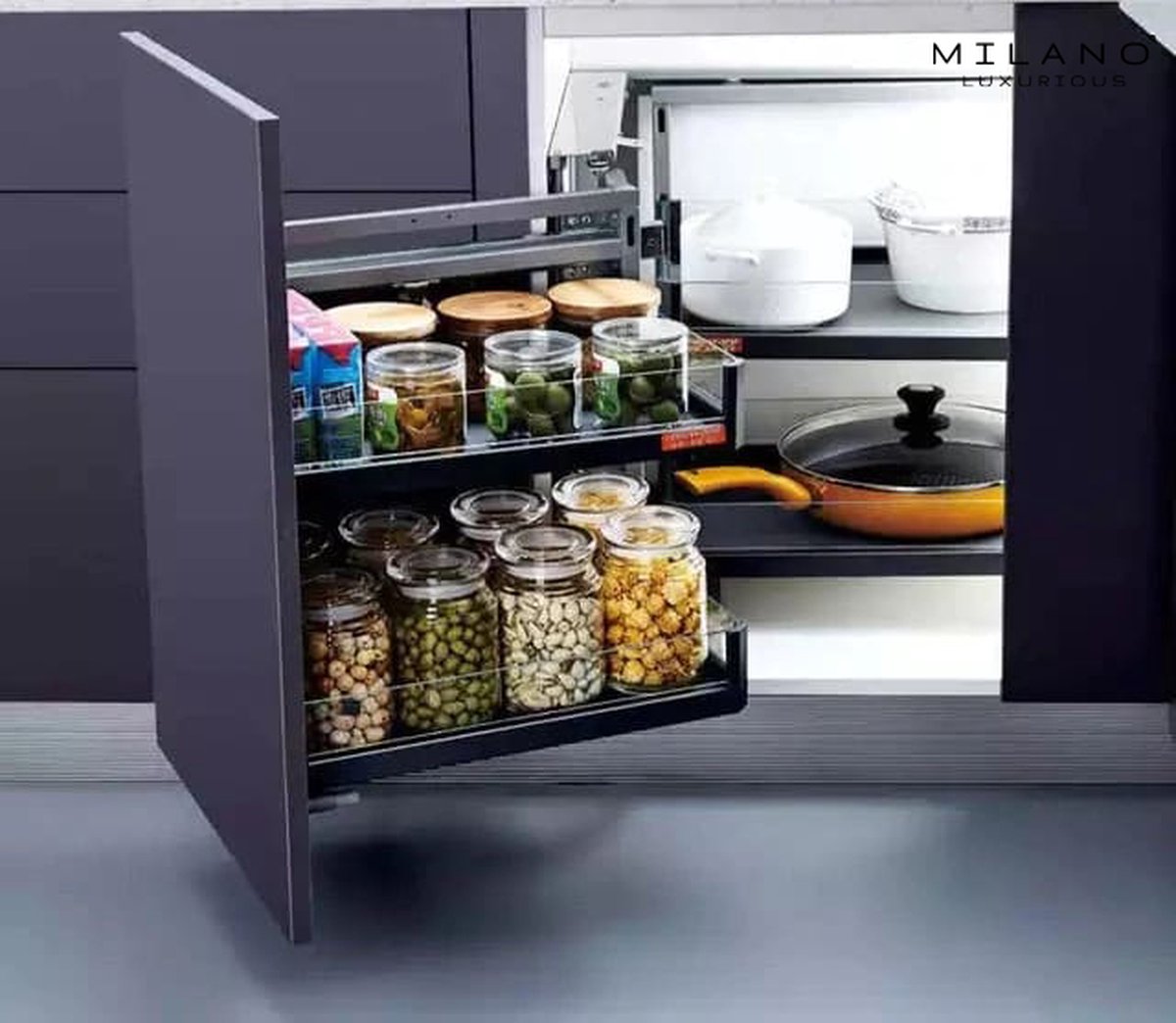 Milano Luxurious® Magic Corner - Hoek Keukenkast Organizer - Uitschuiflades - 4 plateaus, 2 niveaus - 48 x 87 x 58 cm - deurbreedte 40 cm – antraciet