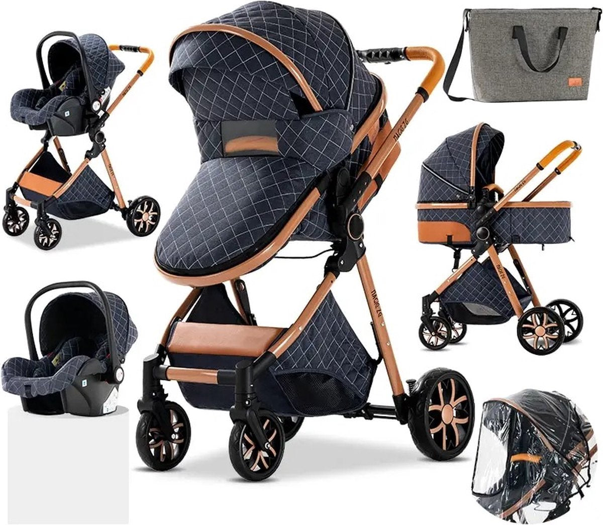Luxe Multifunctionele 3-in-1 Combikinderwagen - Kwalitatieve Buggy - Opvouwbare Wandelwagen - Maxi Cosi stijl - Incl. Autostoel - Blauw