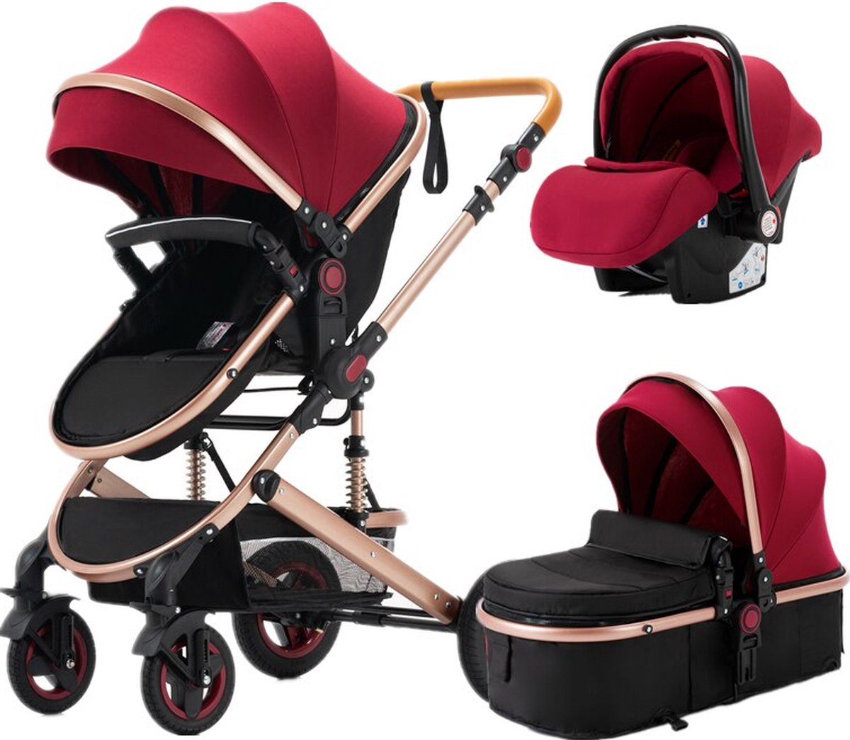 Luxe 3-in-1 kinderwagen - Wandelwagen - Autostoeltje - Buggy - Inklapbaar - Rood/zwart - 0-36 maanden