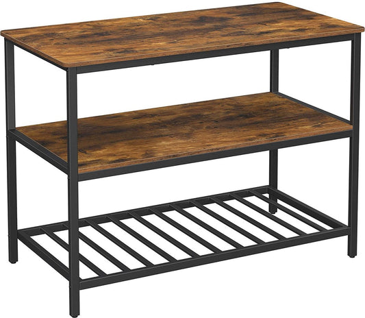 Kitchen shelf with 3 shelves, kitchen island with large worktop, stable metal frame, 120 x 60 x 90 cm, easy assembly, industrial design, vintage brown-black KKI01BX