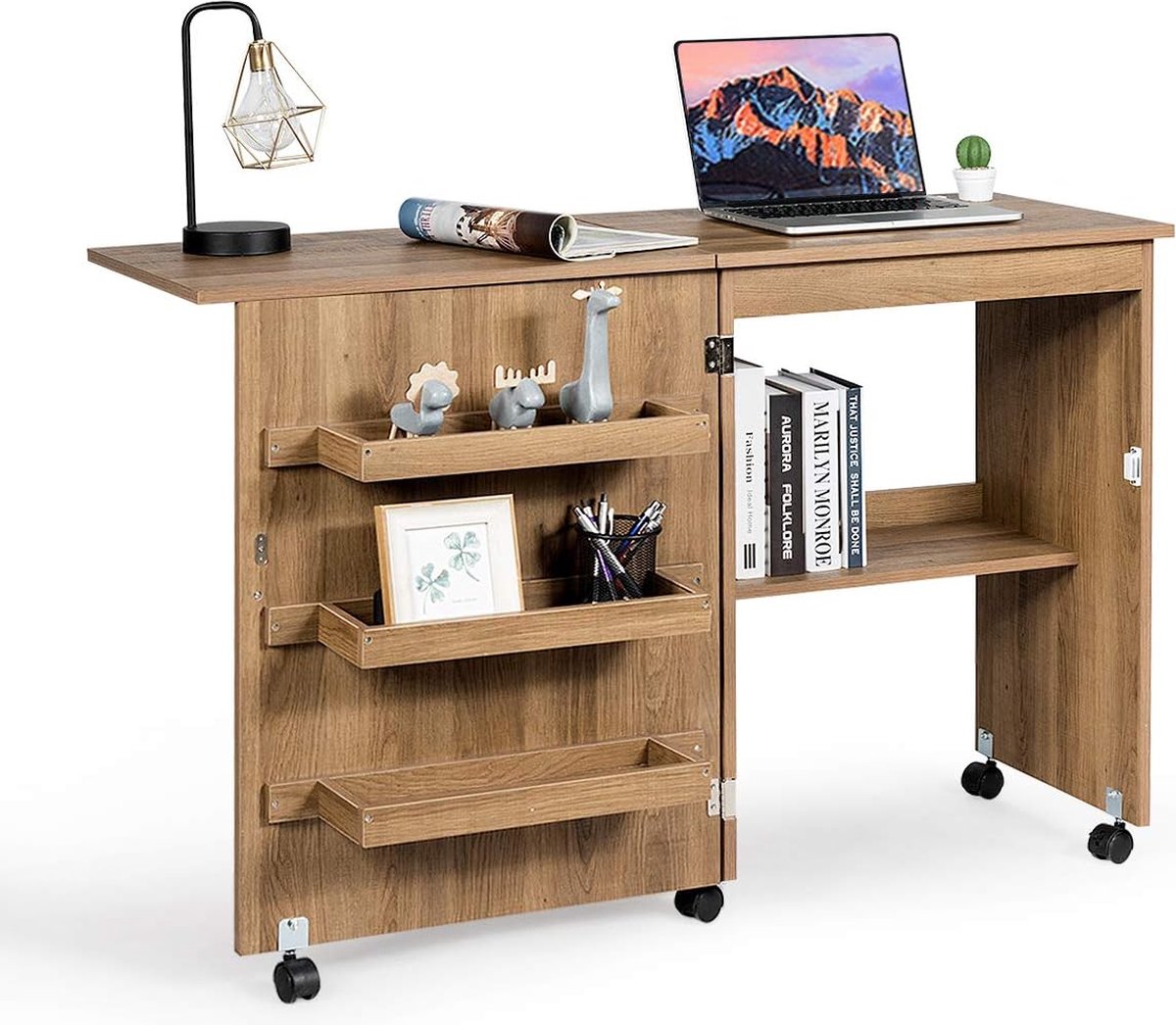Foldable sewing table, sewing cart with lockable wheels and storage shelves, foldable sewing table for apartment, small spaces, 117 x 78 x 40 cm (Wood color)