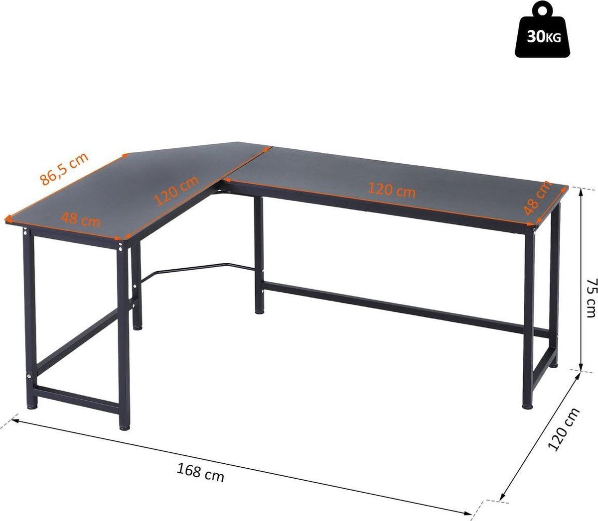 Corner Desk - Desk - Writing Desk - Computer Desk - Office Desk - Storage Space - 168 x 120 x 75cm - Black
