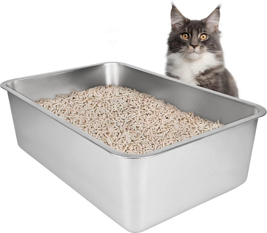 Stainless Steel Cat Litter Box Large (50 x 35 x 20 cm) - Metal Cat and Rabbit Litter Pan - Odor-Free and Stain-Resistant