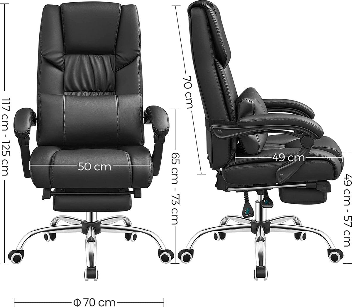 Office chair with footrest and lumbar cushion, faux leather, black, 67 x 66 x 116 cm