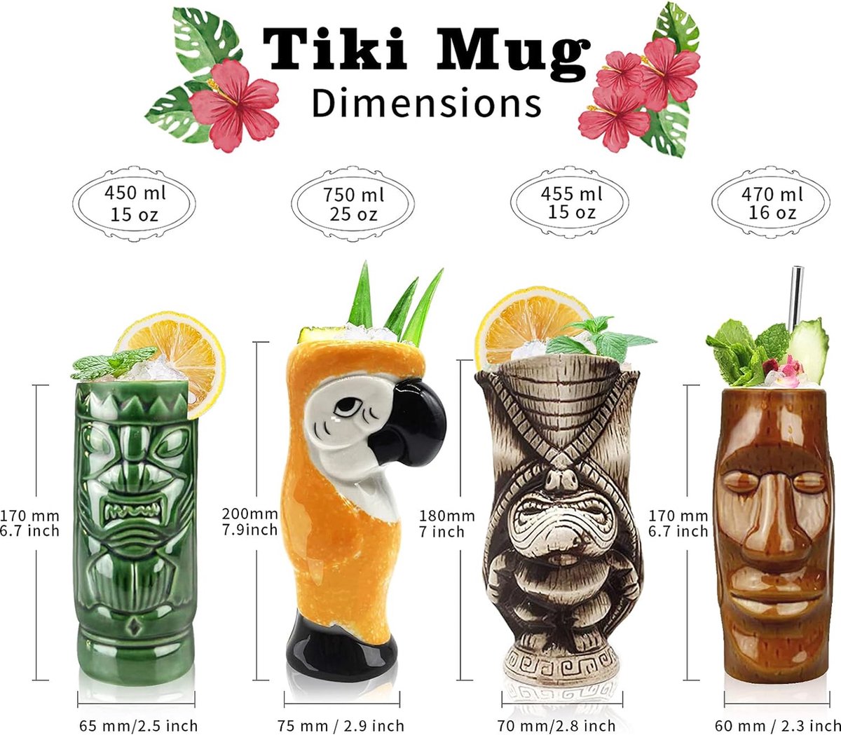 Cocktailglazen, Tiki Mokken, set van 4 keramische mokken, tropische mokken, Hawaïaans Tiki-feest, creatief cocktailglas, drankjes, grote bar drankjes, schattig bar servies, 4 pakjes cadeau, geel.