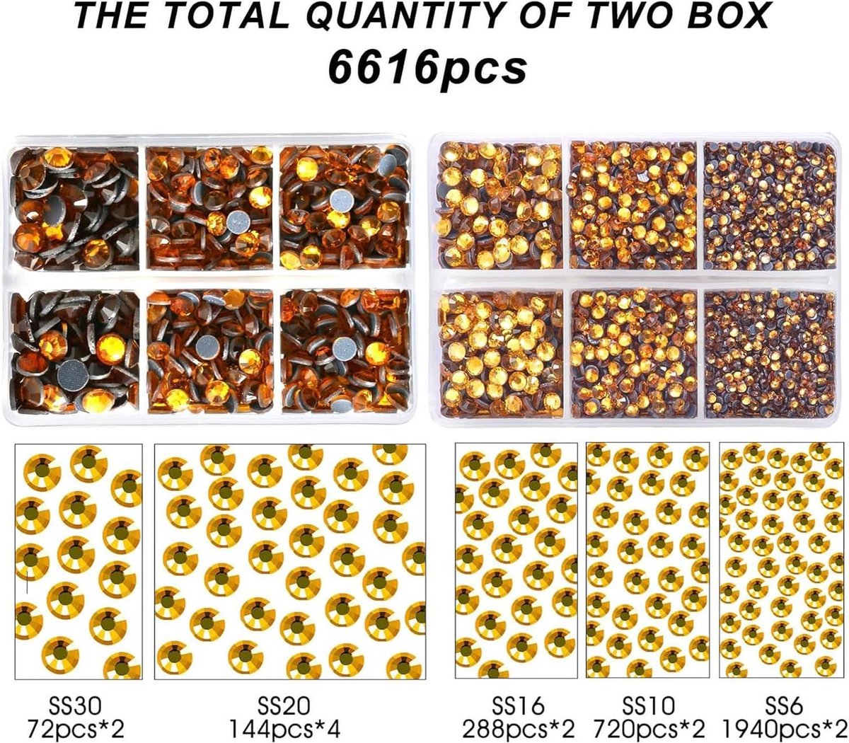 6616 stuks goudgele hotfix strass steentjes - kristalglas - edelstenen - drinkglazen - kleding - overhemden - glinsterend - platte achterkant - rond - pincet - picking-pen - set - SS6 - SS30