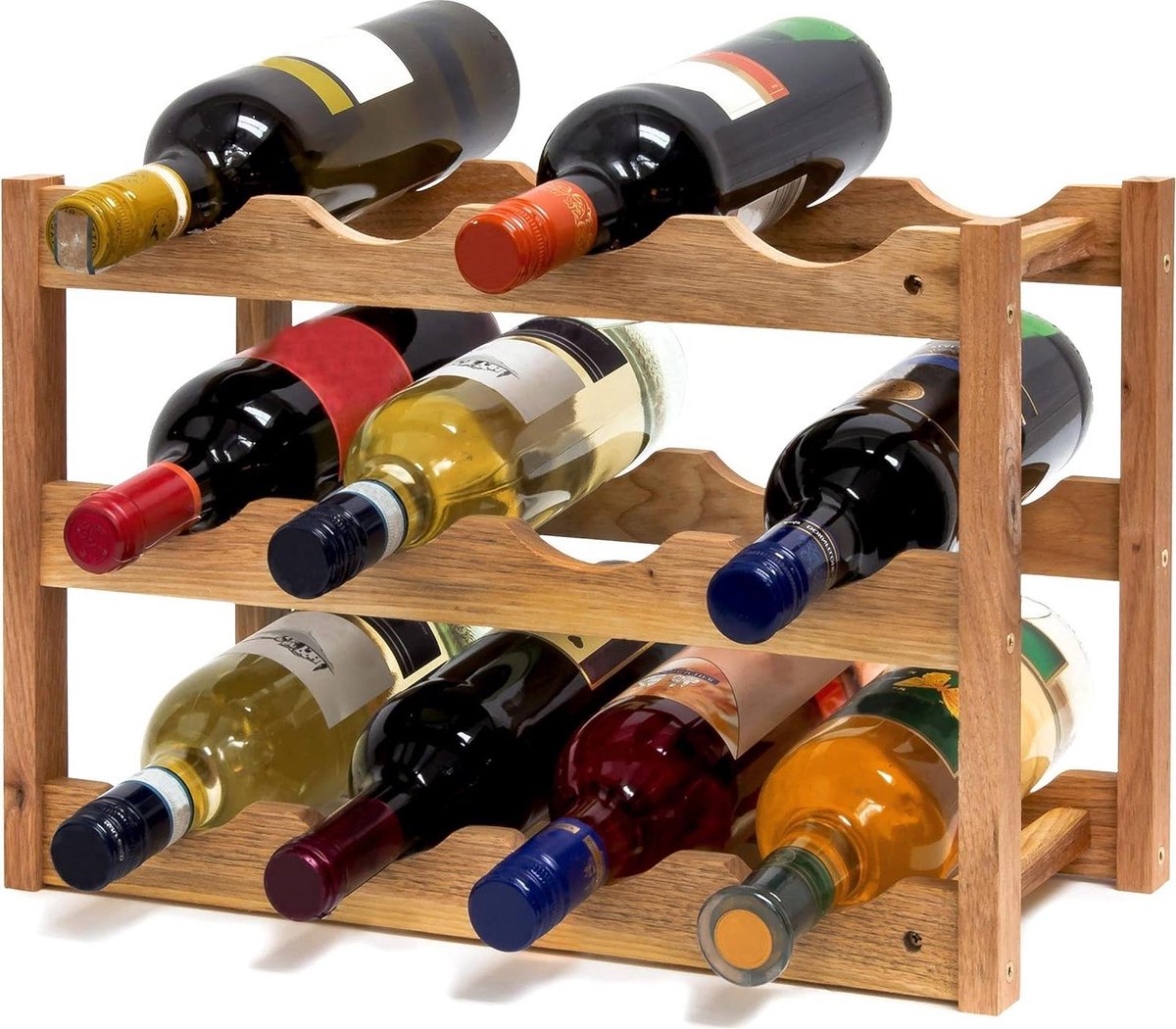 Wine rack 3 levels small bottle rack for 12 bottles - natural wood 42 x 21 x 28 cm