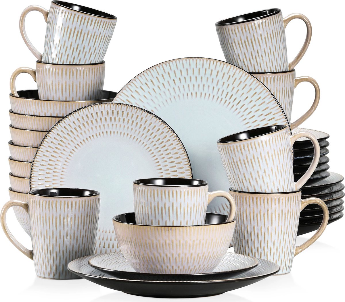 Serviesset - Serviessets - Serviesset 8 personen - Grijs Reliëf - Porselein - 32-Delig Servies - Dinerbord - Dessertbord - Kom - Mok