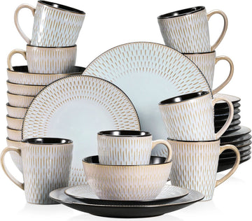 Serviesset - Serviessets - Serviesset 8 persoons - Grijs Reliëf - Porselein - 32-Delig Servies - Dinerbord - Dessertbord - Kom - Mok