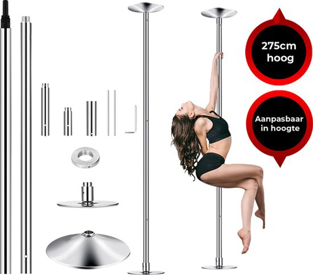 Viper Sports® DANCE POLE – Verstelbare danspaal – Dance Pole – 275 cm hoog – 2 standen – Siliconen pad – Zilver