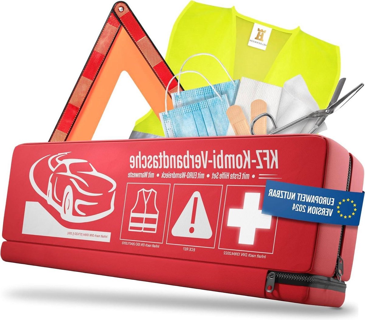 Combinatie volgens huidige norm 2024 - gevarendriehoek veiligheidsvest - verbanddoos set DIN 13164:2022 autoverbandtrommel auto accessoires