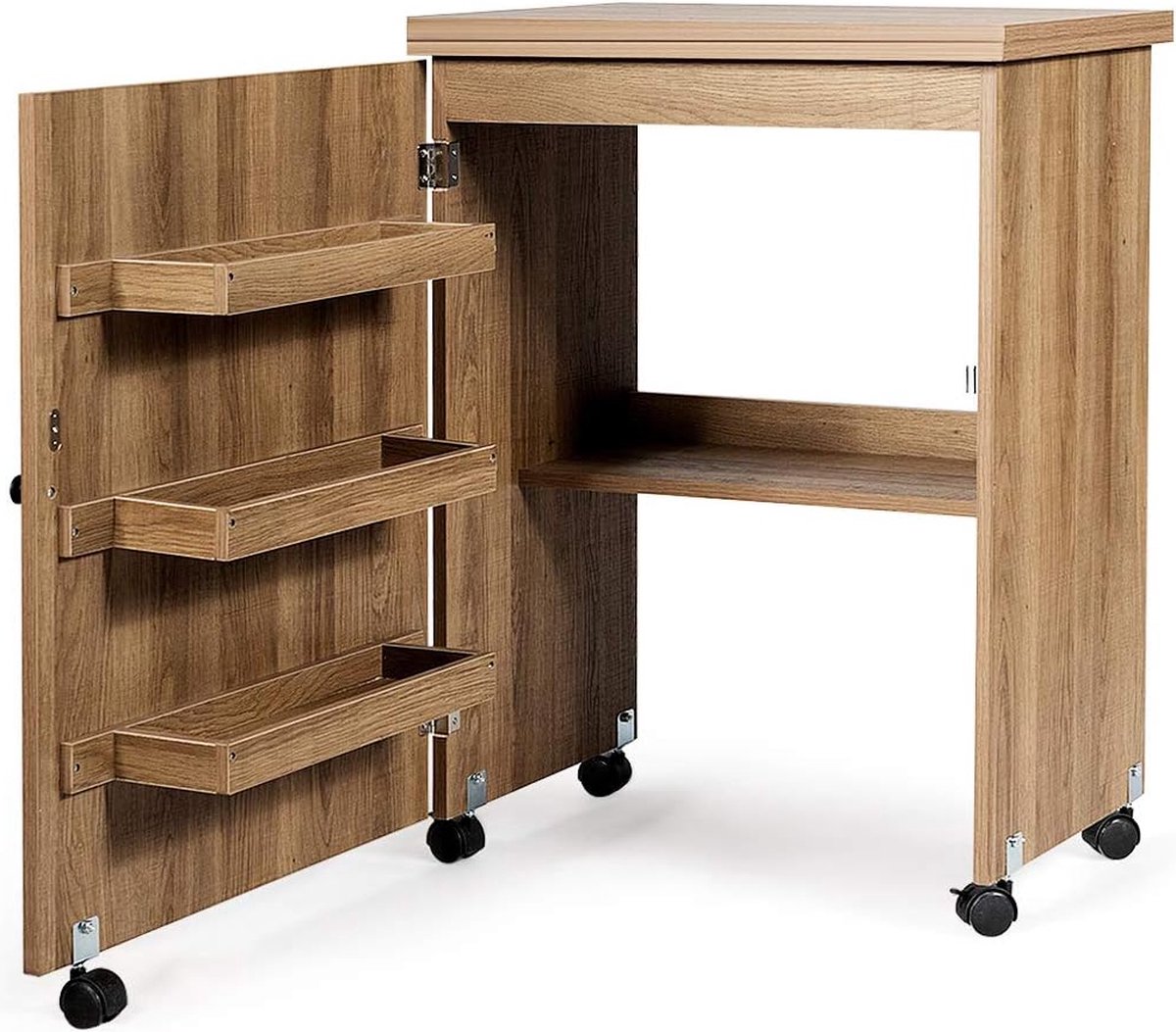 Foldable sewing table, sewing cart with lockable wheels and storage shelves, foldable sewing table for apartment, small spaces, 117 x 78 x 40 cm (Wood color)