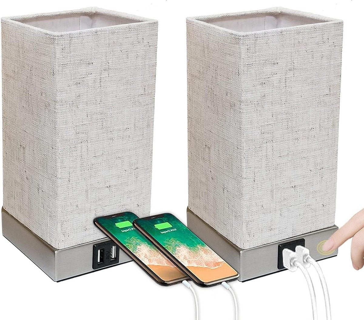 Moderne Nachtkastlamp Touch Dimbaar Vintage met USB-aansluitingen - Warmwitte Lamp - Slaapkamer Kinderkamer Beige