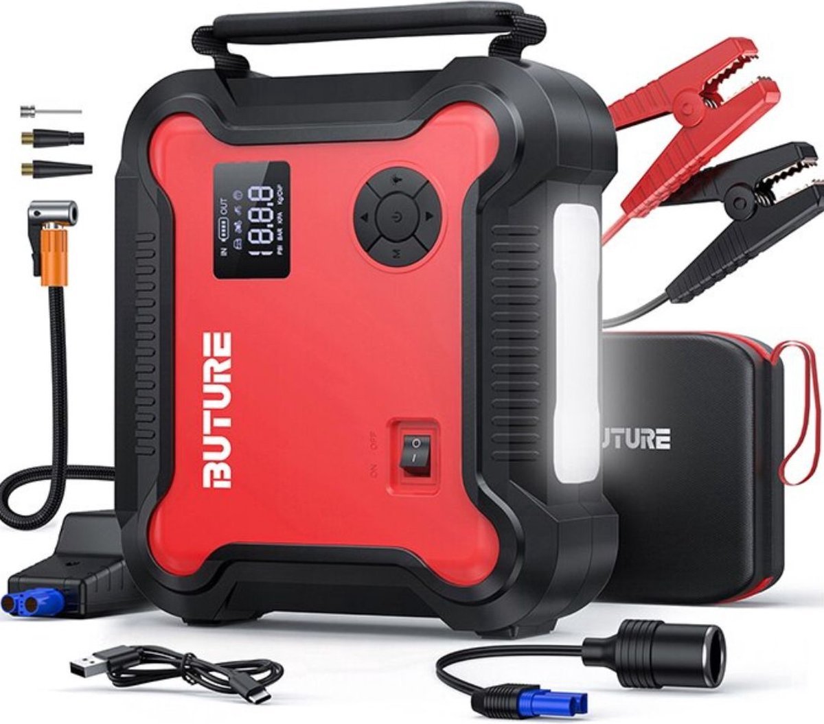 Buture Jump Starter for Car - Jump Starter - Jump Starter 5 in 1 - Jump Starter Power Bank 26800mAh - Red/Black - Jump Starter incl. Compressor