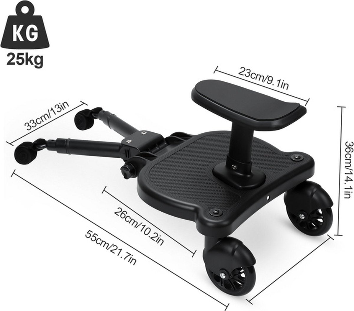 Universal Ride-Along Board - Ride-Along Board with Seat for Stroller or Buggy - Double Sturdy Wheels - Extra Stable - Adjustable - Black