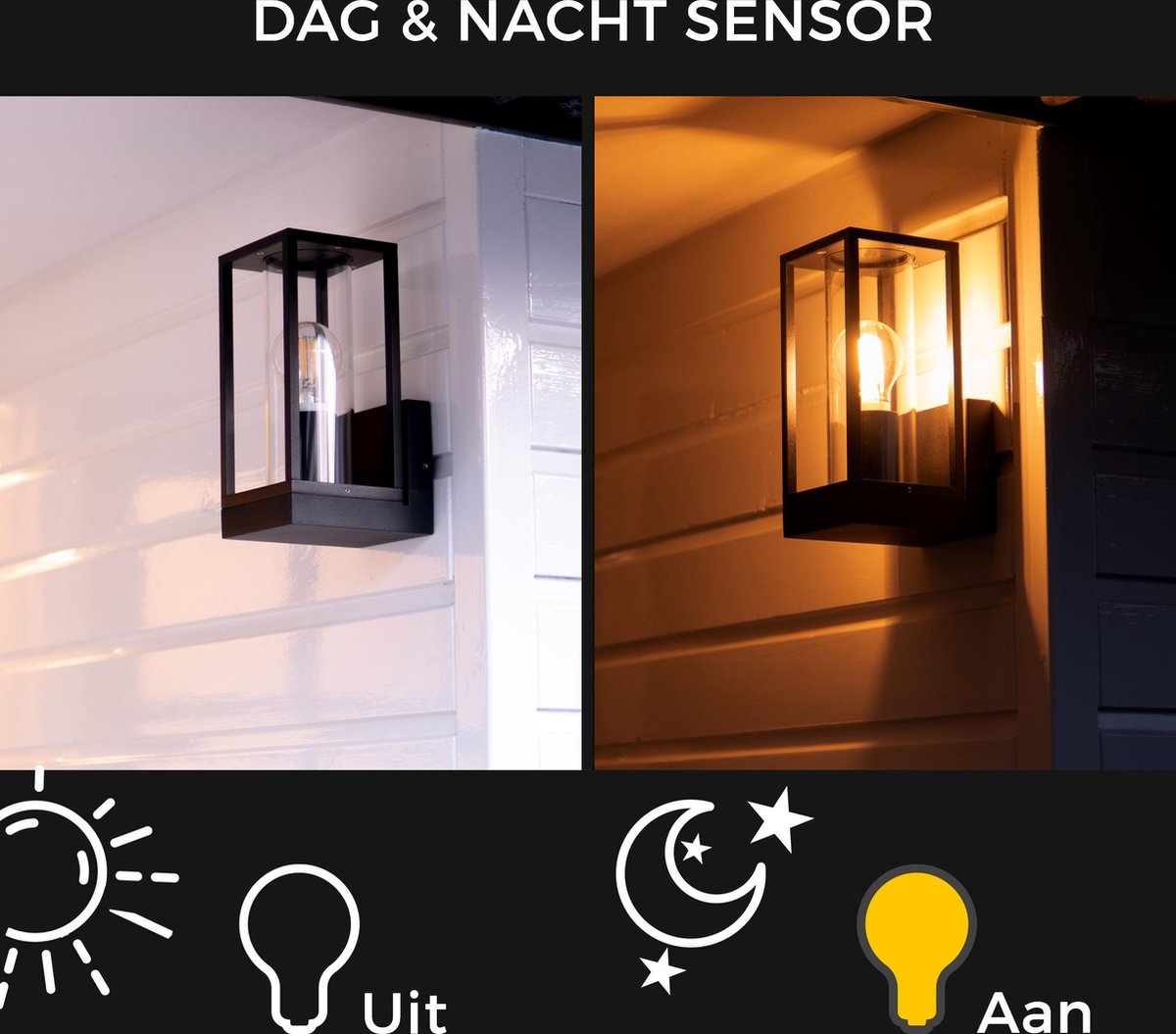 Proventa Glasso LED Wandlamp met Dag- en Nachtsensor - Warm wit Licht - Zwart