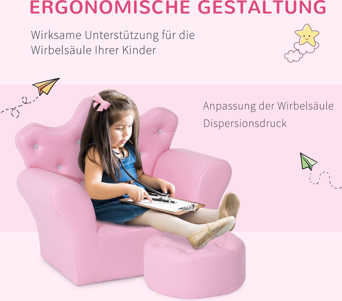 Children's sofa with crystal buttons and ottoman pink