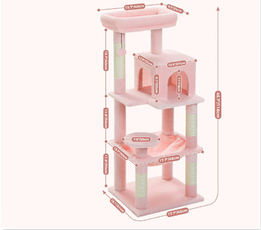 Luxe Krabpaal 116 cm hoog - middelgrote katten klimboom - Met 4 ligvlakken en holten - Met Hangmat - Comfortabel - zacht en stabiel - Roze