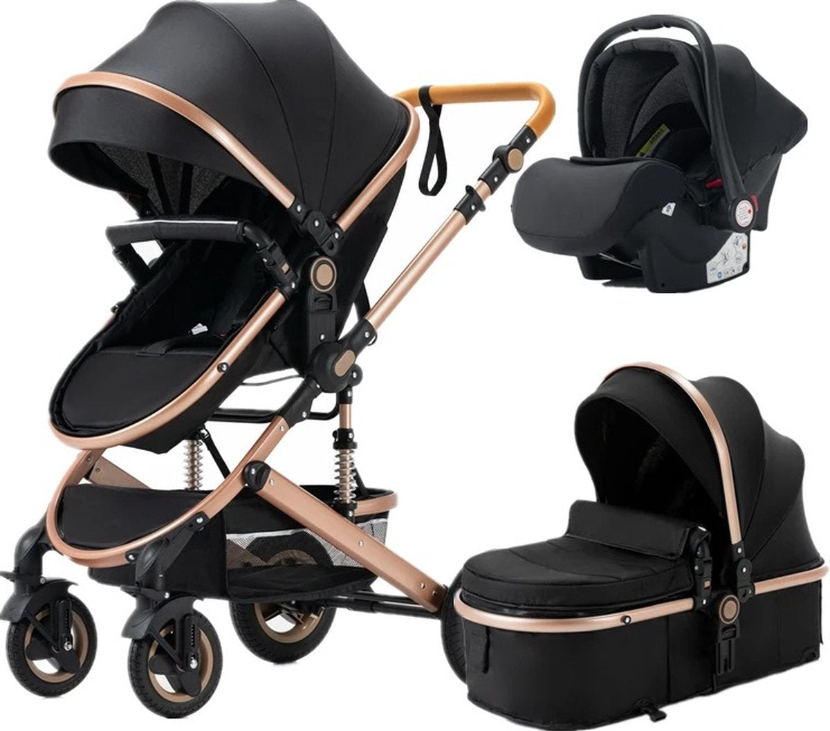 kinderwagen 3 in 1 - babywagen - opvouwbaar - Incl. draagbare reiswieg + autostoel - omkeerbare hoge zitplaats - verstelbare zonnescherm luifel - t/m 3 jaar - Kleur Zwart - schokabsorberende dempers