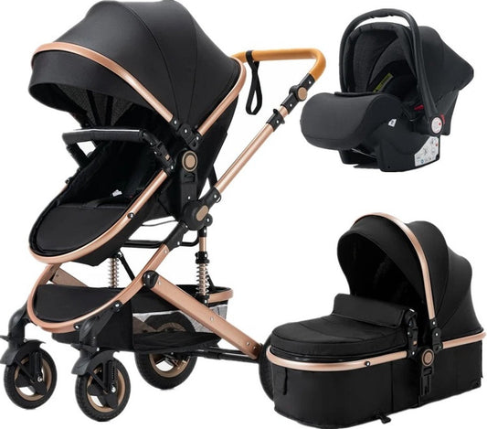 kinderwagen 3 in 1 - babywagen - opvouwbaar - Incl. draagbare reiswieg + autostoel - omkeerbare hoge zitplaats - verstelbare zonnescherm luifel - t/m 3 jaar - Kleur Zwart - schokabsorberende dempers