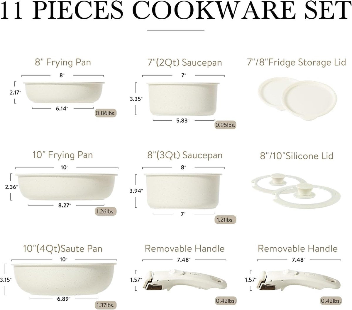 CAROTE Detachable Handle 11-Piece Cookware Set with Non-stick Coating, Suitable for All Hobs, Cookware Sets Can Be Stacked to Save Space (11pcs)