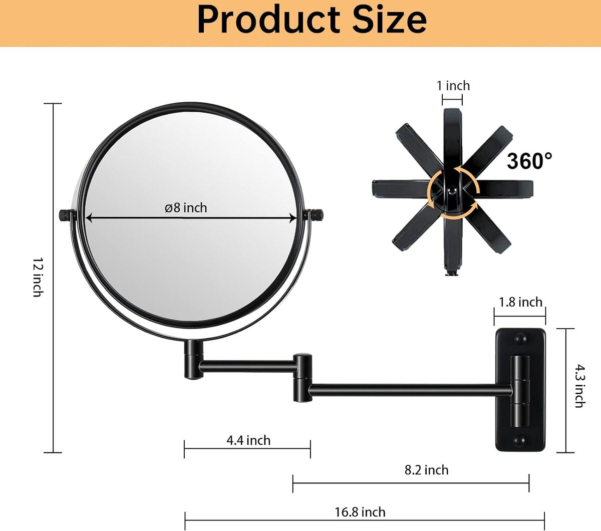 Make-upspiegel, 1 x / 10 x vergroting, diameter 20 cm, 360 graden dubbelzijdige uitschuifbare scheerspiegel, ronde arm, make-upspiegel voor badkamer, zwarte roestvrijstalen spiegel voor dames, meisjes