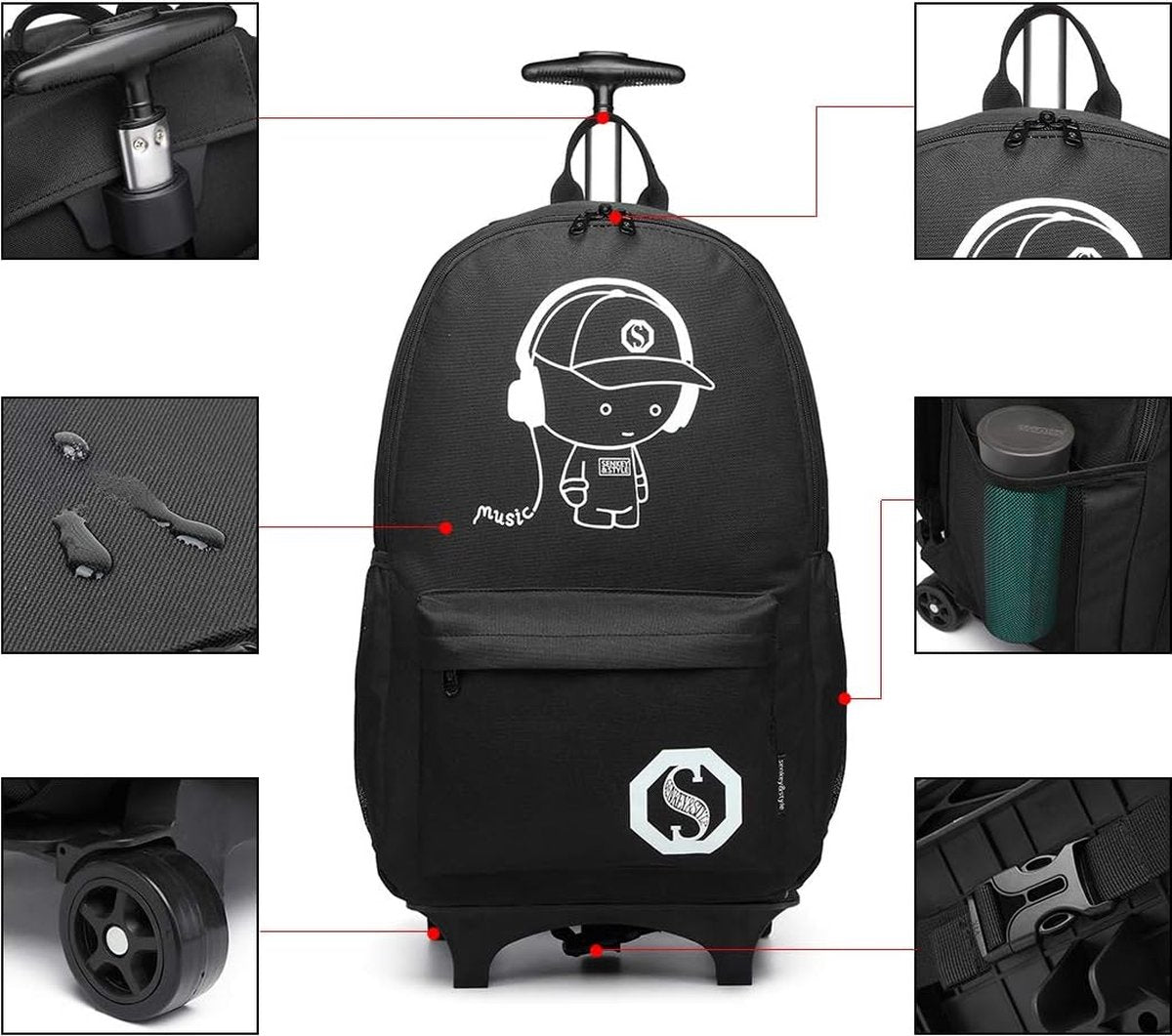 Handbagage rugzak met wielen businesstrolley reistas voor laptop polyester