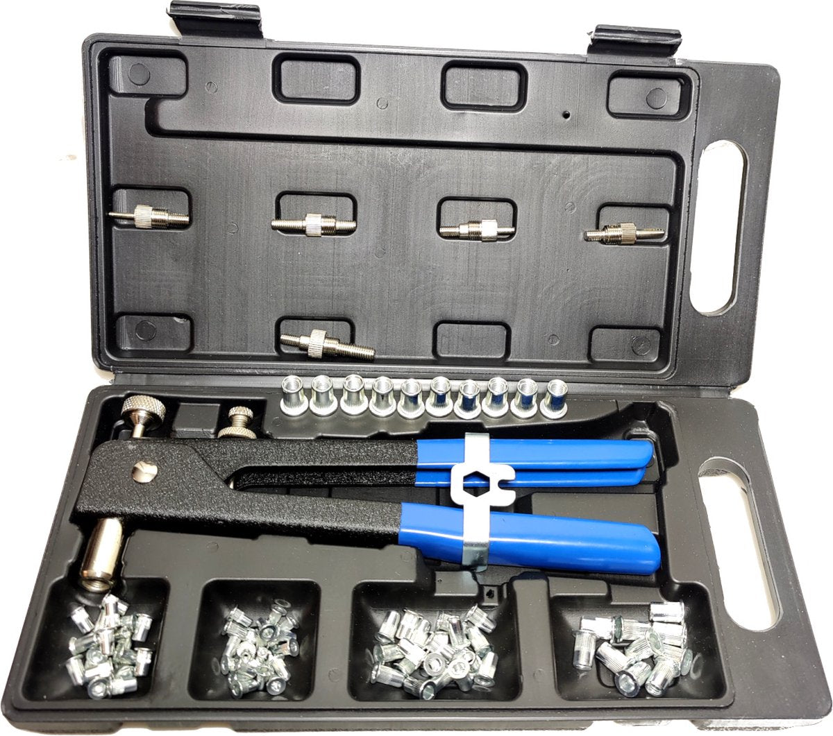 Blindklinkmoer en tang set 51-delig blindklinkmoeren M3 M4 M5 M6 M8 geribbeld staal in koffer