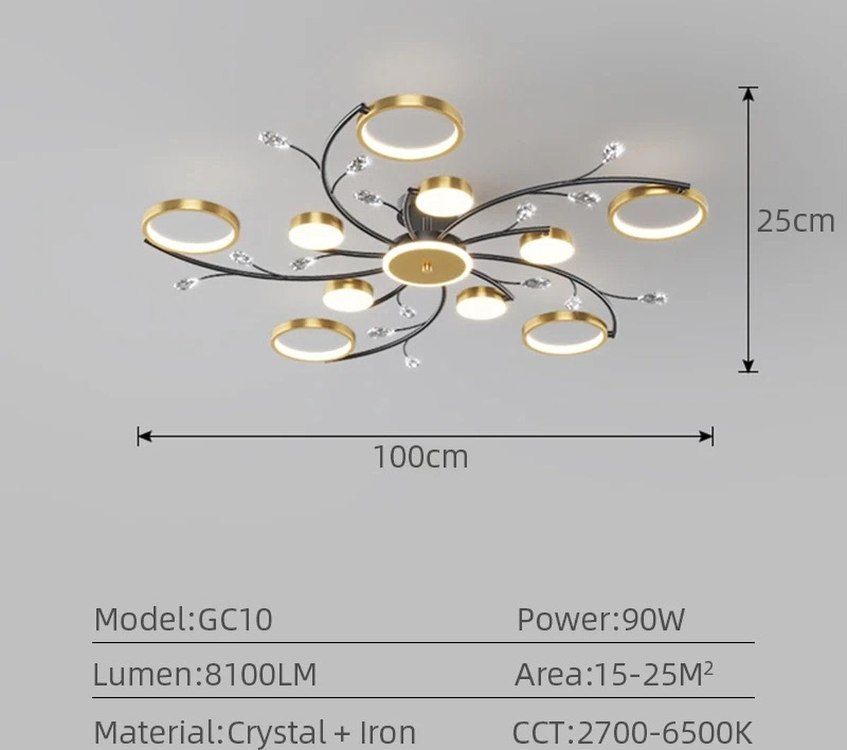 10 Rings Ceiling Light - Modern LED Chandelier - Smart Lamp - APP - Gold/Black - Dimmable With Remote Control - 100 cm