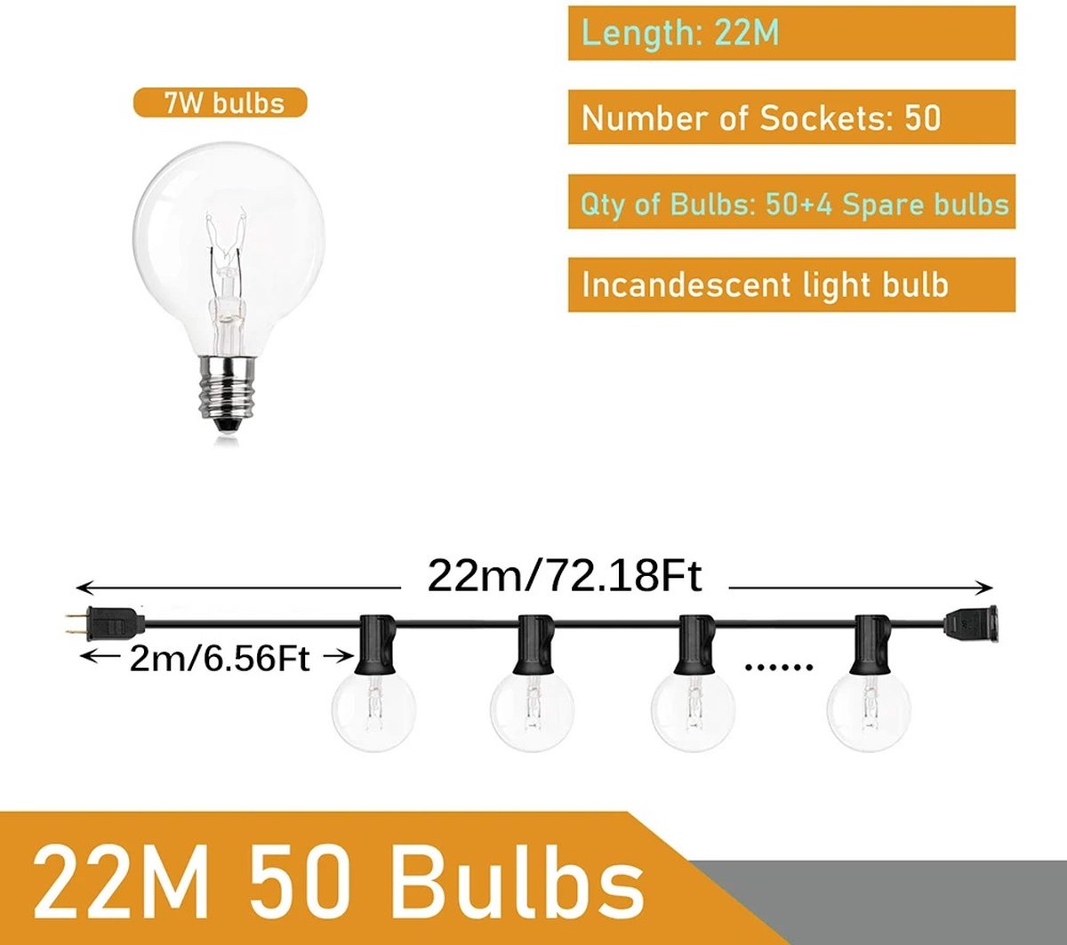 Lichtsnoer Buiten - Lichtslinger Buiten - Buitenlampjes - 22m - 50 lampjes - 7W per lichtbol - Decoratie