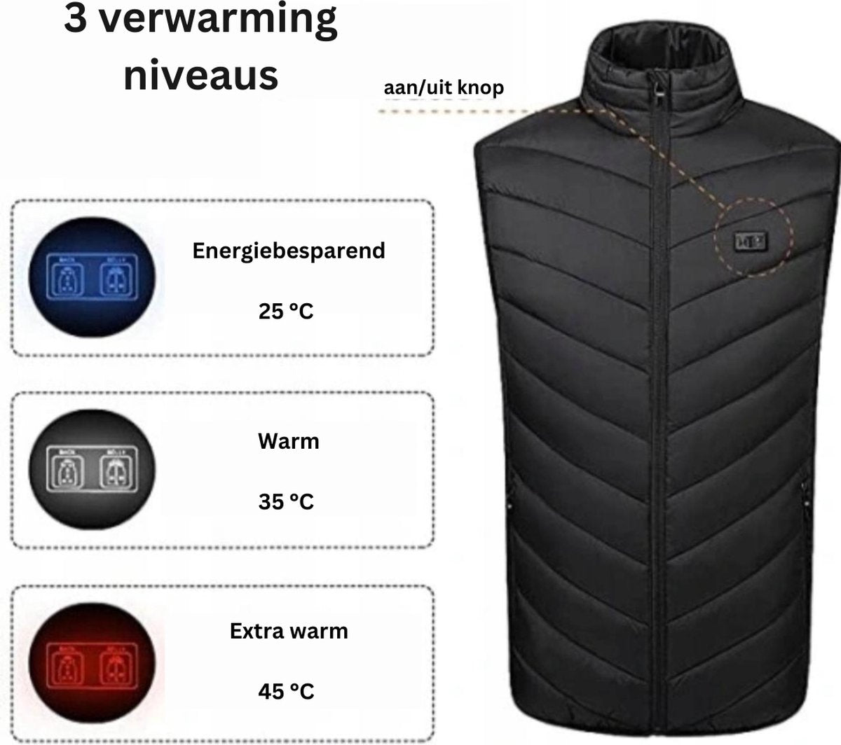 MOZY - Elektrische Bodywarmer - Zwart - Maat XL - tot 45 °C - Wasmachine Bestendig - 3 Niveaus - Zonder Powerbank - Verwarmde Bodywarmer - Unisex - Dames en Heren - Verwarmd Vest - Thermo Vest