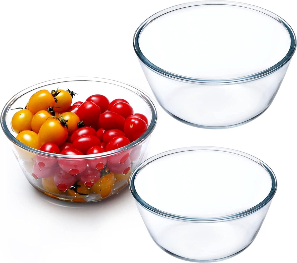 Driedelige glazen kommenset, transparante mengkommenset, slakomglas, ronde glazen kommen voor de keuken (1L + 1,6L + 2,1L)