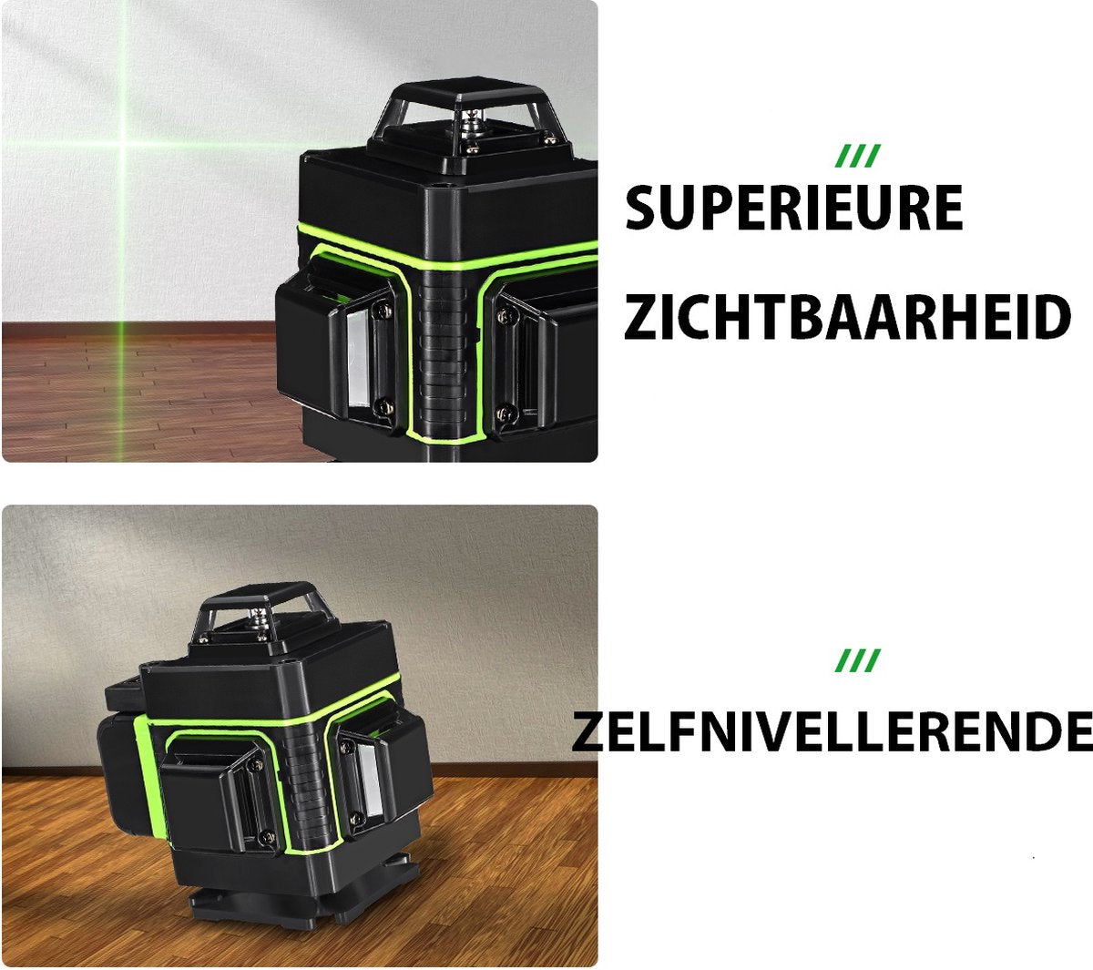 Laserlijn Kruislijnlaser - 16 Lijnen Groene Zelfnivellerende-360° Schakelbaar Horizontaal-Verticaal met magnetische draaibasis 1 lithium-ion batterij