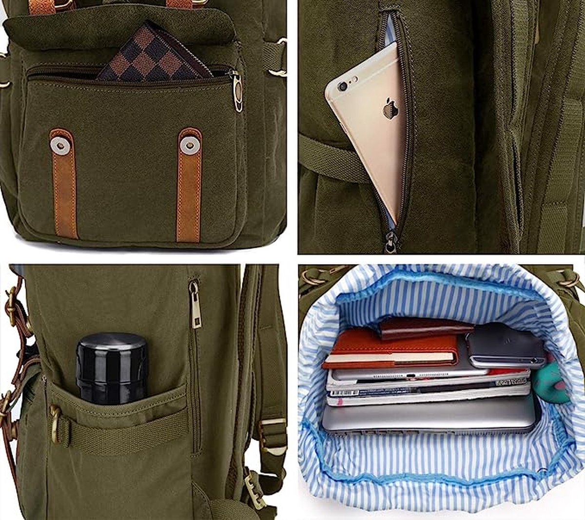 Outdoor Canvas Rugzak, Waterdichte Reizen Wandel Kampeer Rugzak Tas, Grote Casual Daypack, College School Rugtas, Schoudertas voor 15" Laptop Tablets