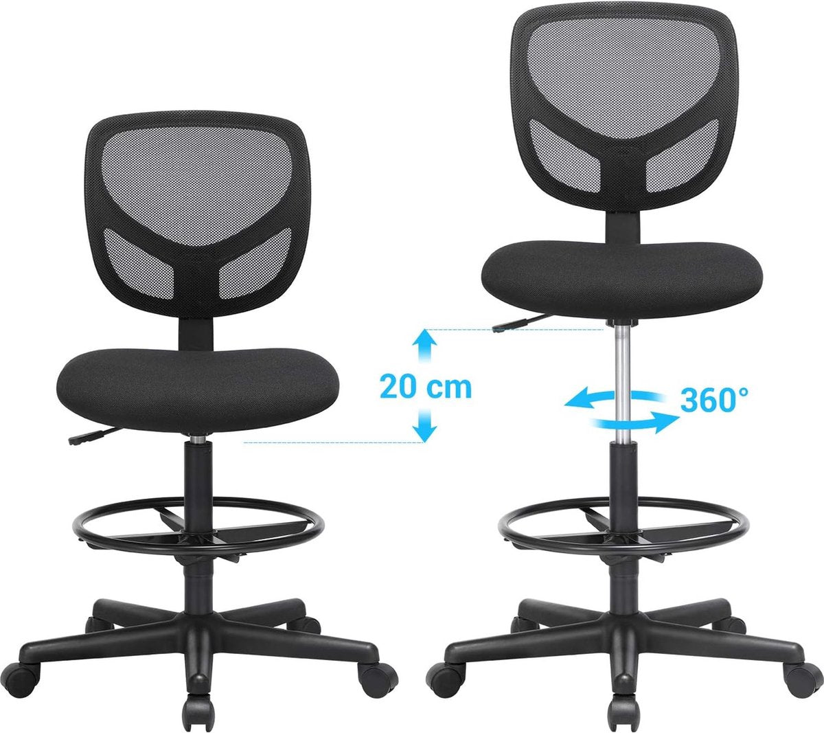 Desk chair, ergonomic task stool, seat height 51.5-71.5 cm, tall drafting chair with adjustable footrest, load capacity 120 kg, black OBN15BK