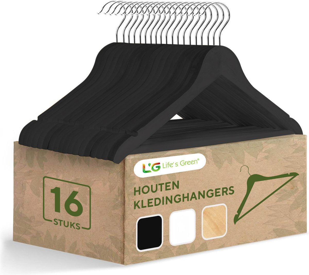 Life's Green® - Kledinghangers - 16 stuks - Kledinghanger LGS1810 - Zwart - Hout - Antislip