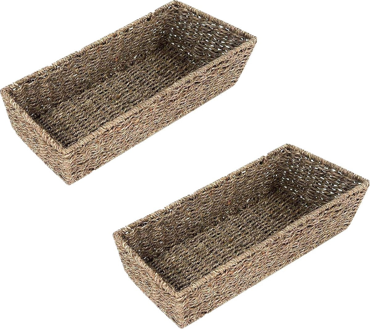Seagrass Storage Baskets - Long Narrow Rectangular Woven Baskets for Bedroom Living Room Bathroom Shelves - Set of 2