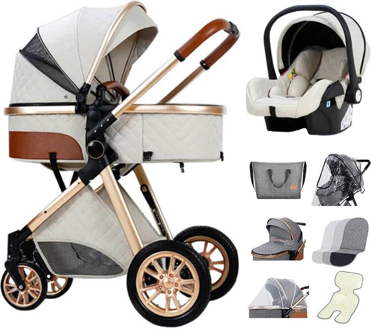 Luxe Multifunctionele 3-in-1 Combi Kinderwagen – Kwalitatieve Buggy – Inklapbare Wandelwagen – Crème – Incl. Autostoel
