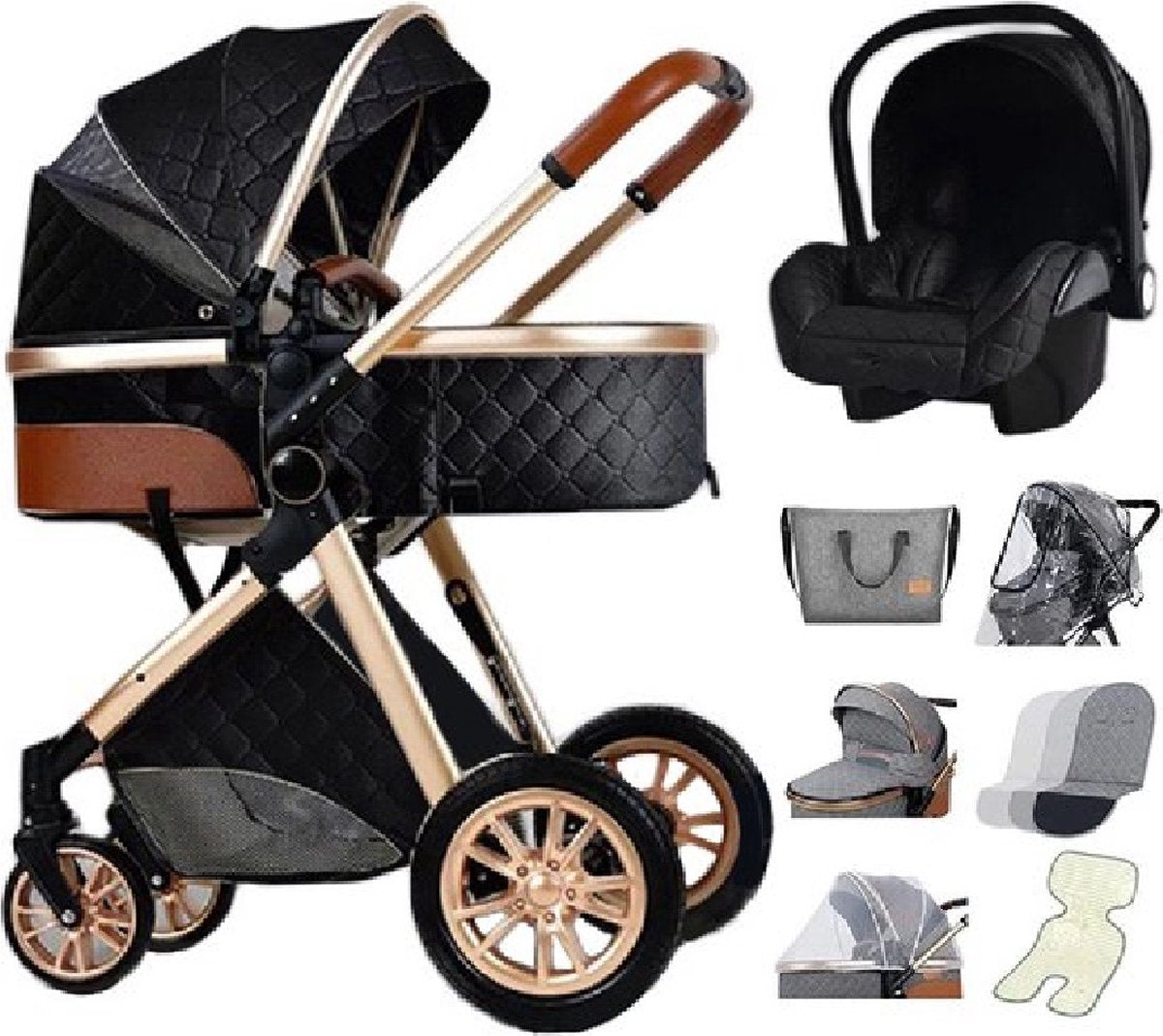 Luxe Multifunctionele 3-in-1 Combi Kinderwagen – Kwalitatieve Buggy – Inklapbare Wandelwagen – Zwart – Incl. Autostoel