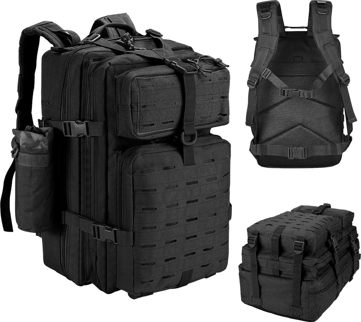 Militaire tactische rugzak, 45 liter, grote capaciteit, leger-Assault Pack, waterdichte rugzak voor wandelen, jacht, trekking en kamperen en andere outdooractiviteiten, camoblack, Zwart 45L