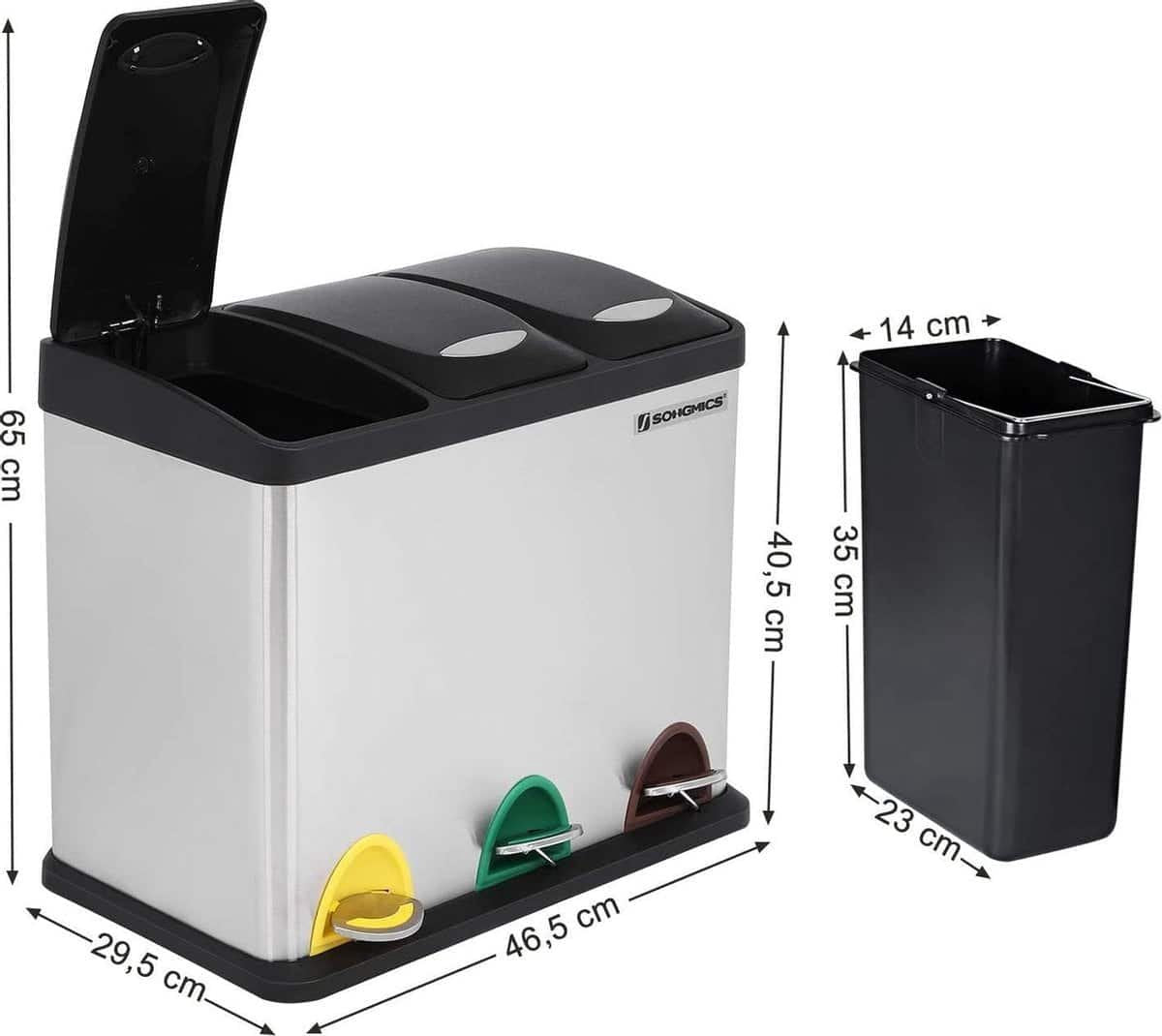 Robust 3-in-1 Pedal Bin for Waste Separation - 24 Litres - Steel, Silver - Easy to Clean Waste Bin