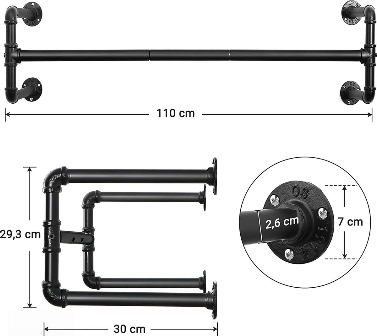 Kledingroede Set van 2, Kledingrekken in industrieel design, Wandmontage, Ruimtebesparend, 110 x 30 x 29,3 cm, Tot 60 kg belastbaar, Eenvoudige montage, Voor kleine ruimtes, Zwart