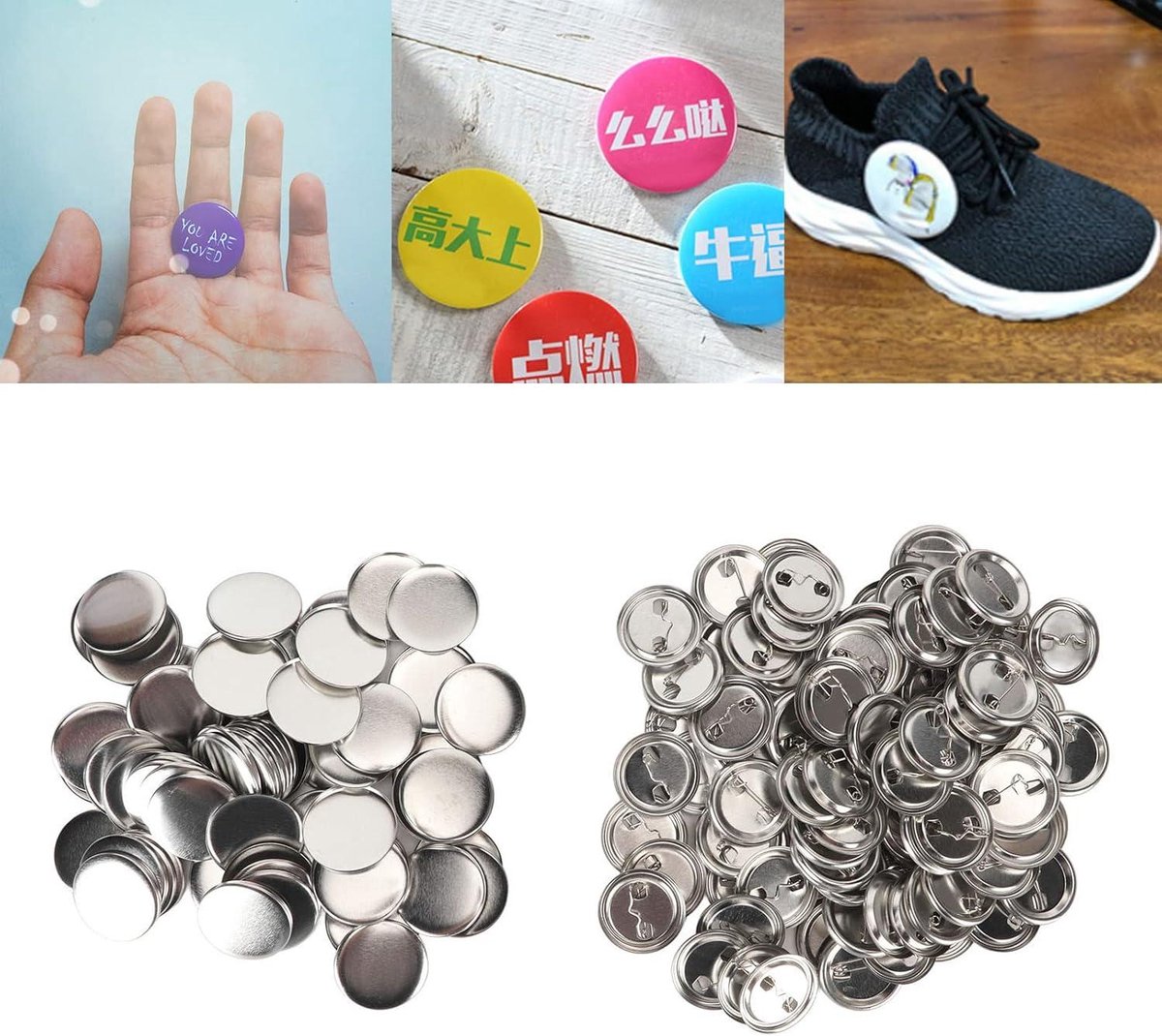 Pin Terug Knop Onderdelen Set - Stevig Metaal Plastic Roestvrij - Benodigdheden voor het maken van Knoppen - Knoppenmachine - Ronde DIY Pin Maker - Plastic Bodems en Transparant - 44MM