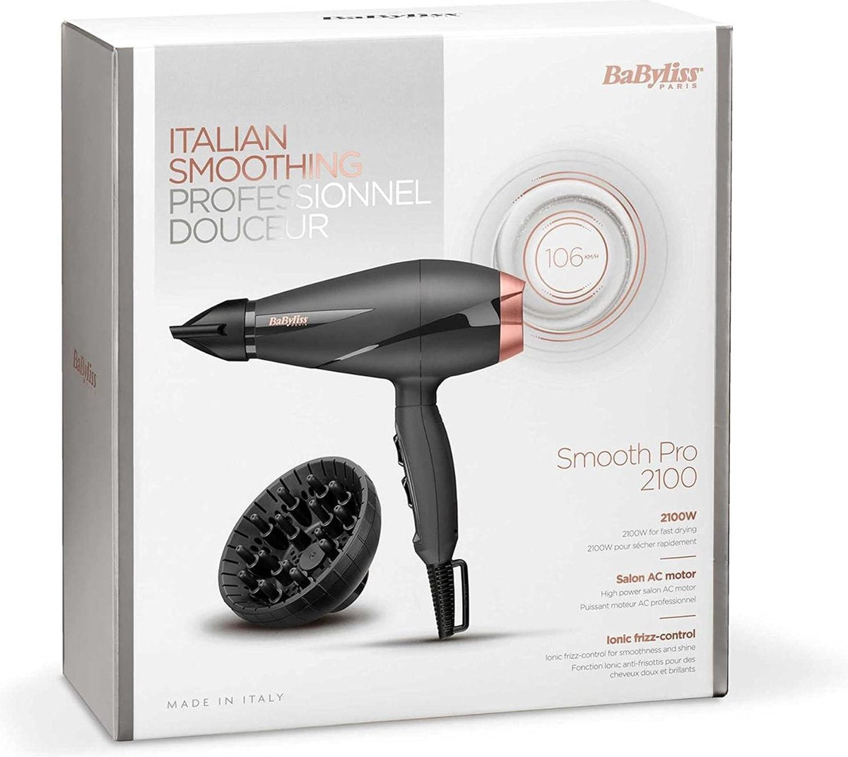 Smooth Pro 2100W Hair Dryer with Diffuser - Powerful AC Motor - Smooth Shiny Hair - Anti-Frizz Function - Cool Shot