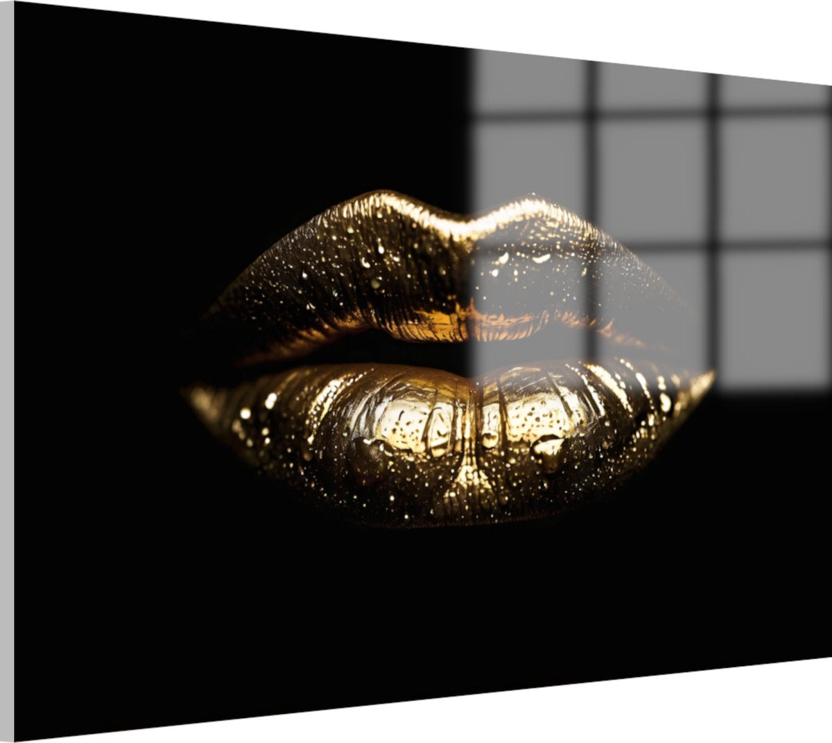 Gouden lippen met waterdruppels schilderij - Lippen wanddecoratie - Glasschilderij goud - Muurdecoratie woonkamer - Acrylglas schilderijen - Kantoor accessoires - 120 x 80 cm 5mm