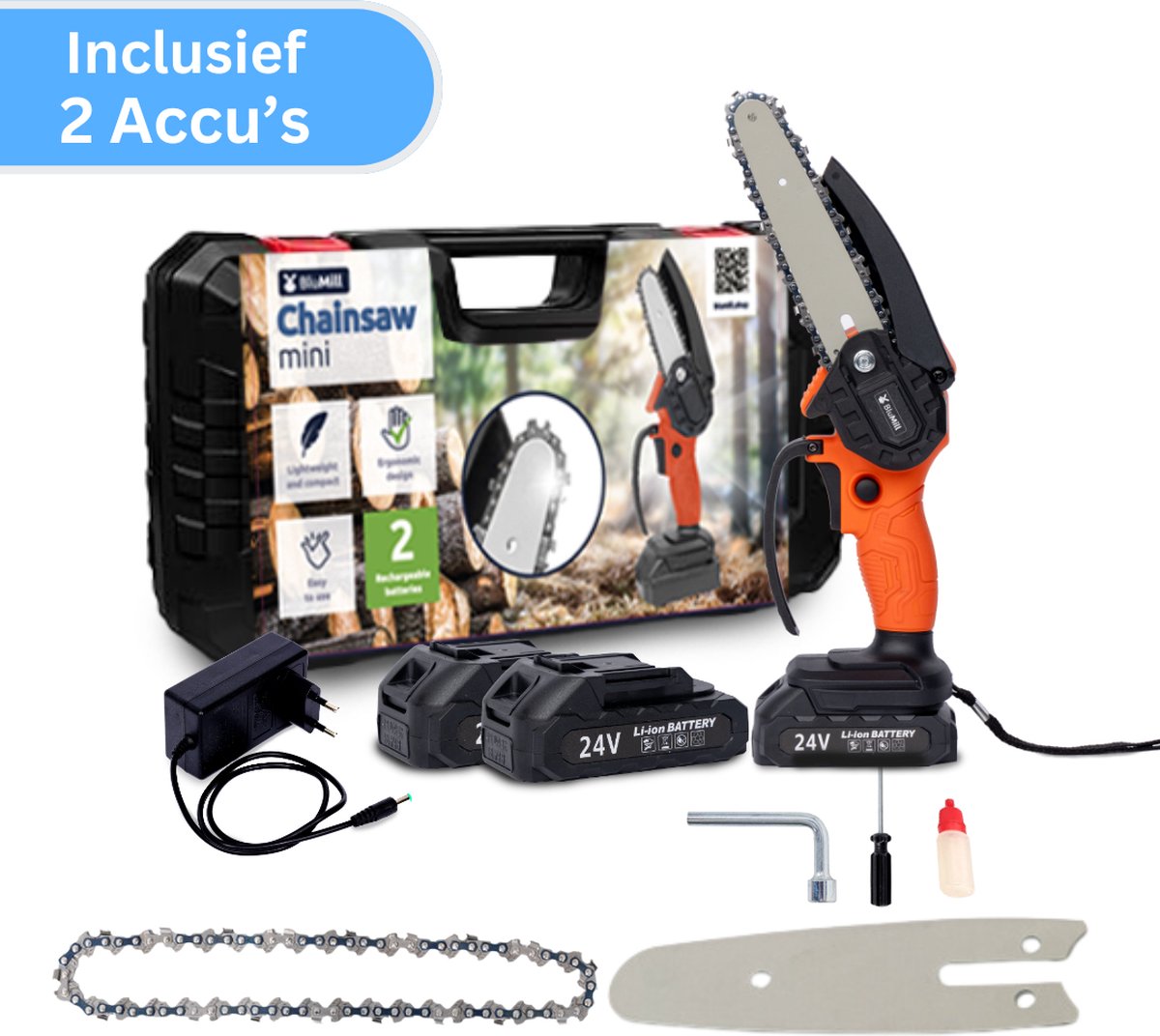 Mini Kettingzaag - Inclusief 2 Accu's - Snoeizaag - Takkenzaag - Met Opbergkoffer - Inclusief Accessoires