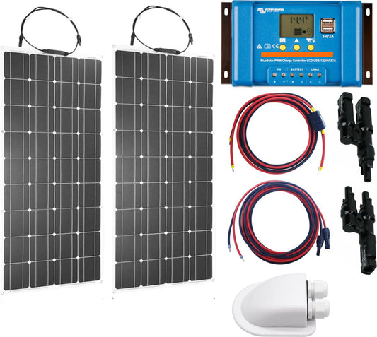 Set Flexibel Zonnepaneel 200Wp 12V Caravan, Camper, Boot, Tent of Tuinhuisje - Victron Energy BlueSolar PWM 20A LCD&USB laadregelaar - Zonnepaneel Compleet Pakket - Plug-Play set schematische tekening en handleiding - Monokristallijn