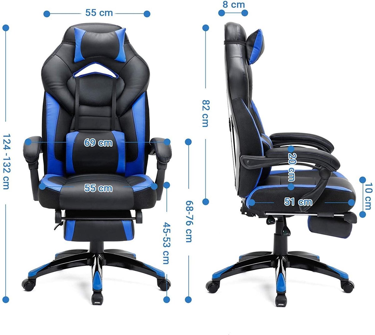 Gamingstoel - Bureaustoel met Voetsteun - Zwart-Blauw